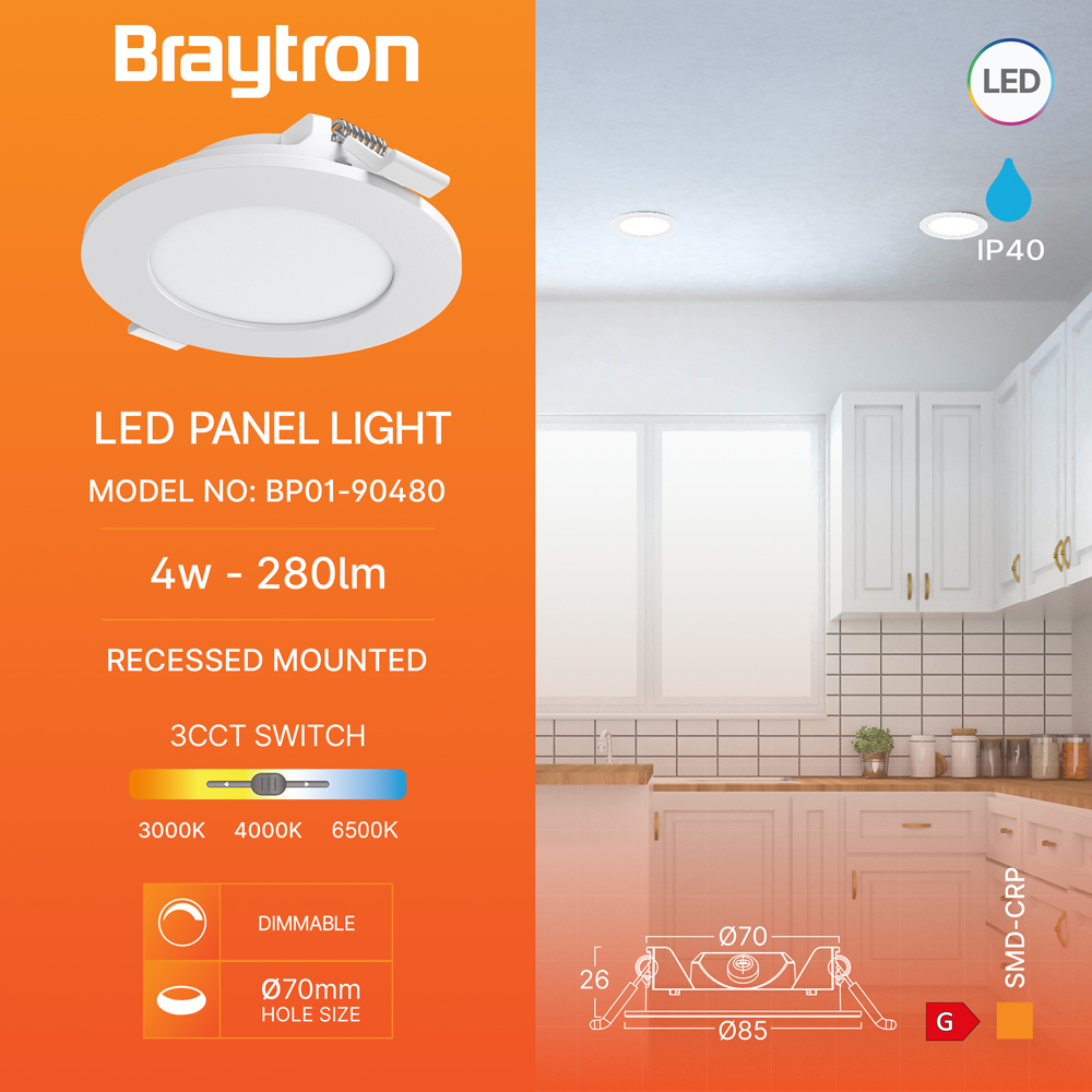 Braytrn Ultraslim LED Einbaupanel Spot 4W Ø68mm Rund Dimmbar 3 Lichtfarben 3000K 4000K 6500K 280lm 230V Deckenleuchte Einbaustrahler Flach 26mm Einbautiefe Weiß Panellampe für Wohnzimmer Büro Flur – Ansicht 3