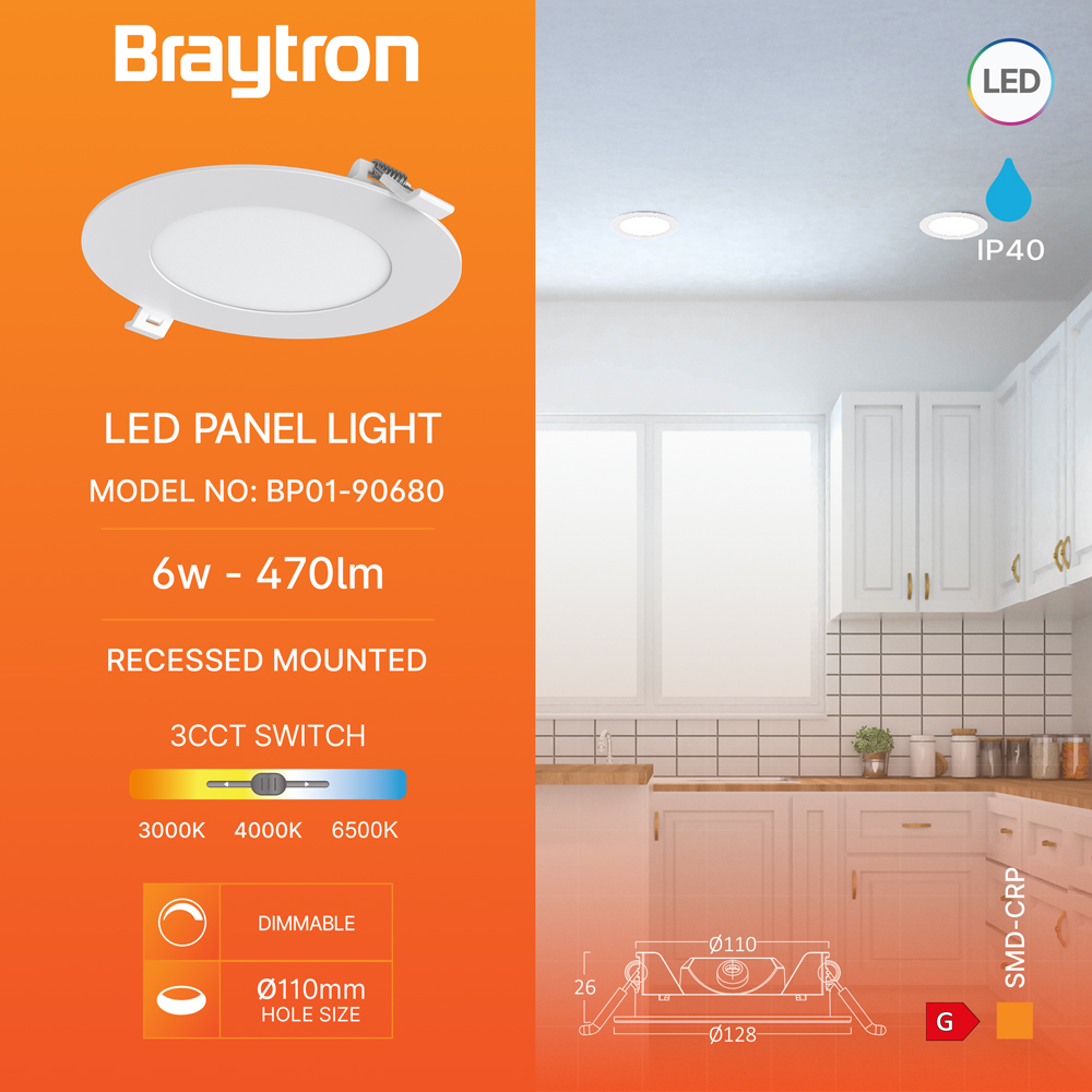 Braytron LED Deckenleuchte 6W 230V Anschluss Warmweiß, Neutralweiß, Kaltweiß 3IN1, 470 Lumen, IP40 Deckenlampe für Wohnzimmer, Küche, Flur (Weiß) – Ansicht 3