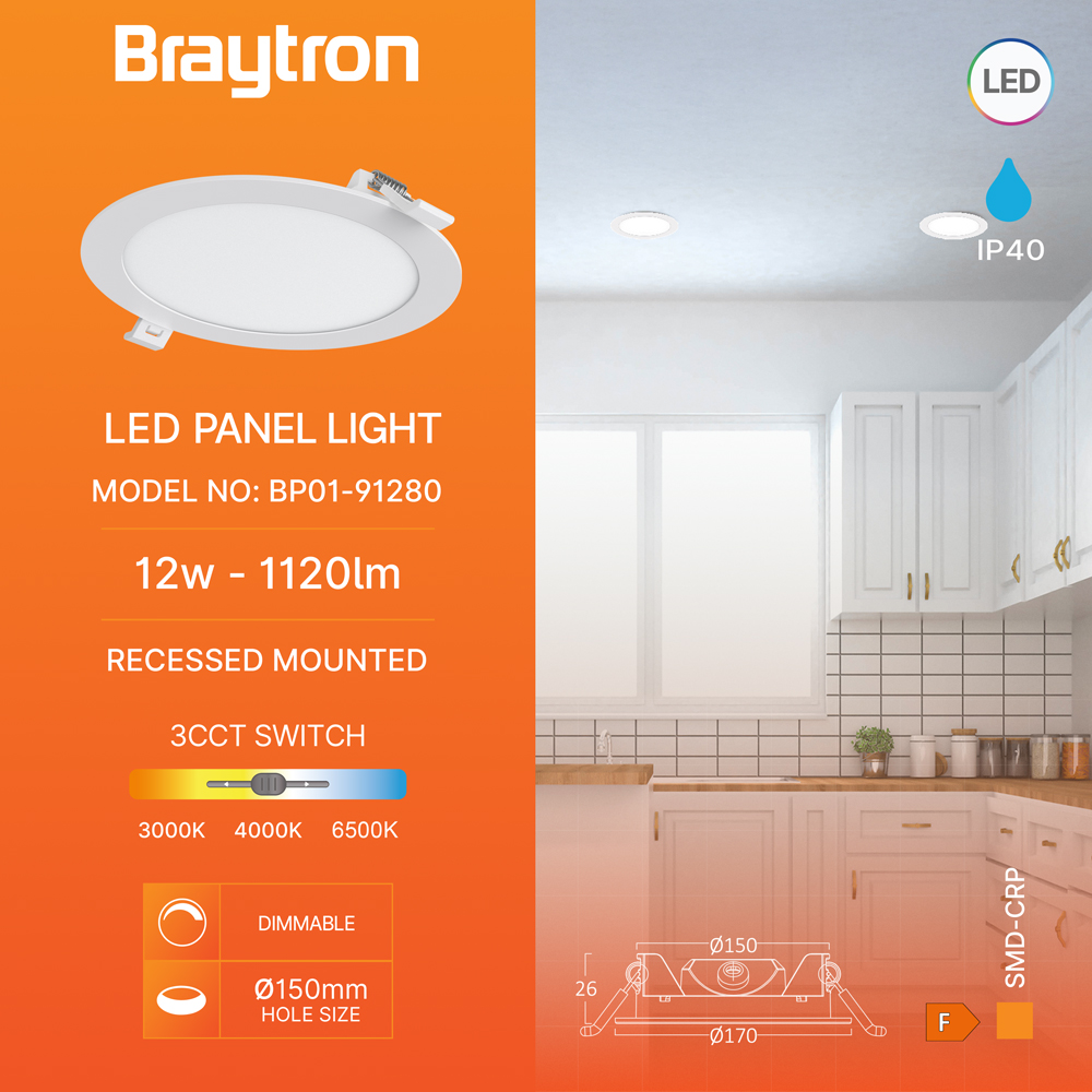 Braytron Ultraslim LED Einbaupanel Spot 12W Ø170mm Rund Dimmbar 3 Lichtfarben CCT 3000K 4000K 6500K 1120lm 230V Deckenleuchte Einbaustrahler Flach 26mm Einbautiefe Weiß Panellampe für Wohnzimmer Büro – Ansicht 3