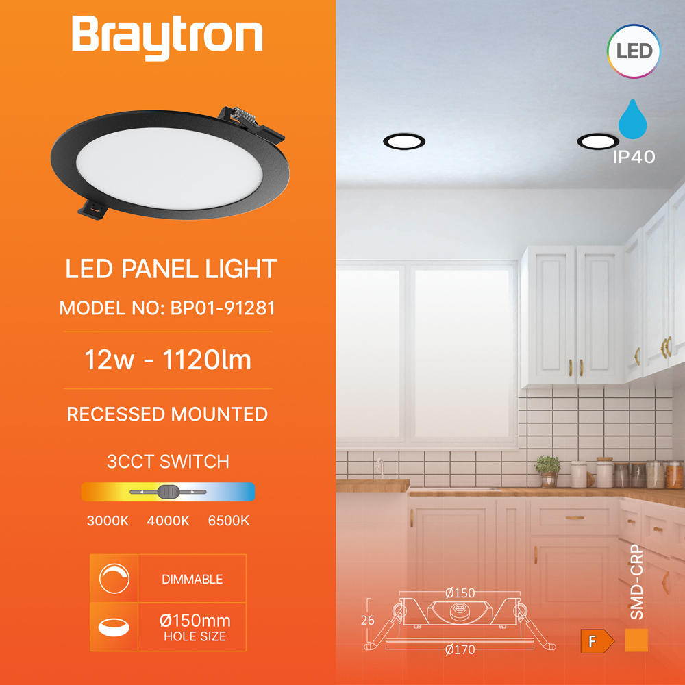 Braytron Ultraslim schwarz LED Einbaupanel Spot 12W Ø170mm Rund Dimmbar 3 Lichtfarben 3000K 4000K 6500K 1120lm 230V Deckenleuchte Einbaustrahler Flach 26mm Einbautiefe Panellampe für Wohnzimmer Büro – Ansicht 3