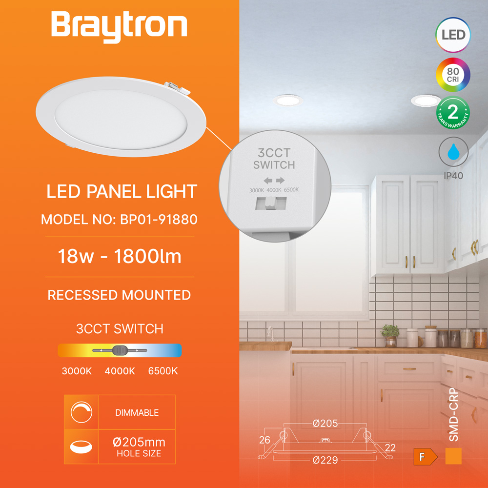 Braytron Ultraslim LED Einbaupanel Spot 18W Ø229 mm Rund Dimmbar 3 Lichtfarben CCT 3000K 4000K 6500K 1800lm 230V Deckenleuchte Einbaustrahler Flach 26mm Einbautiefe Weiß Panellampe für Wohnzimmer Büro – Ansicht 3