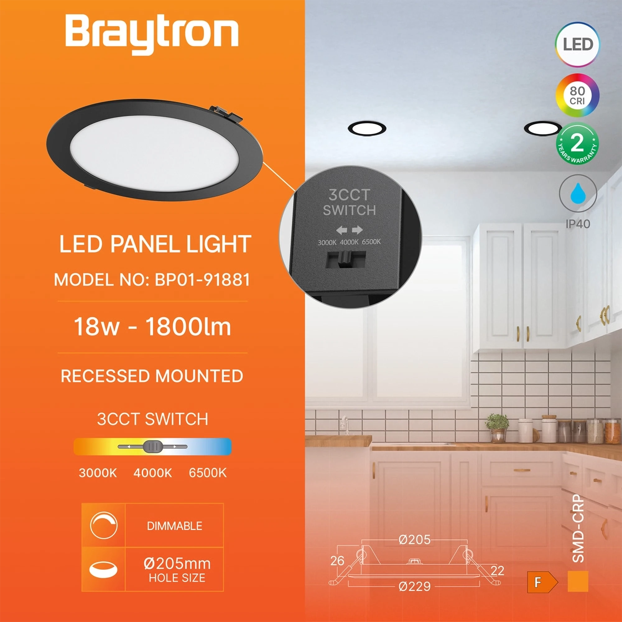 Braytron Ultraslim schwarz LED Einbaupanel Spot 18W Ø229 mm Rund Dimmbar 3 Lichtfarben CCT 3000K 4000K 6500K 1800lm 230V Deckenleuchte Einbaustrahler Flach 26mm Einbautiefe Panellampe für Wohnzimmer Büro – Ansicht 3