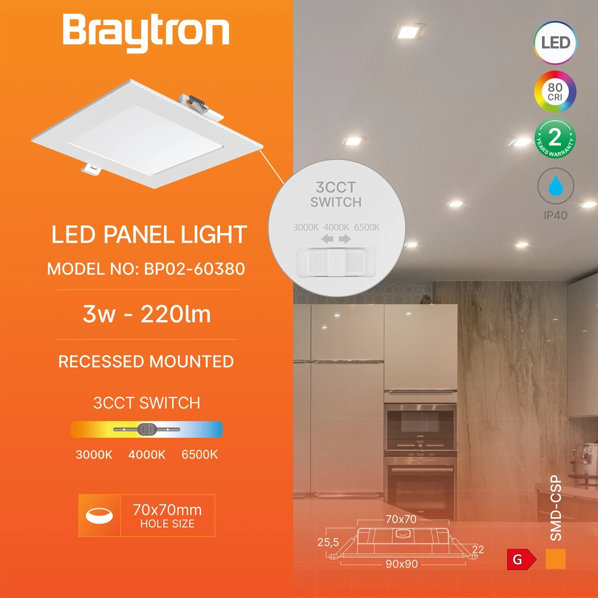 Braytron LED Einbaustrahler 3W, eckig, Weiß – Ansicht 3