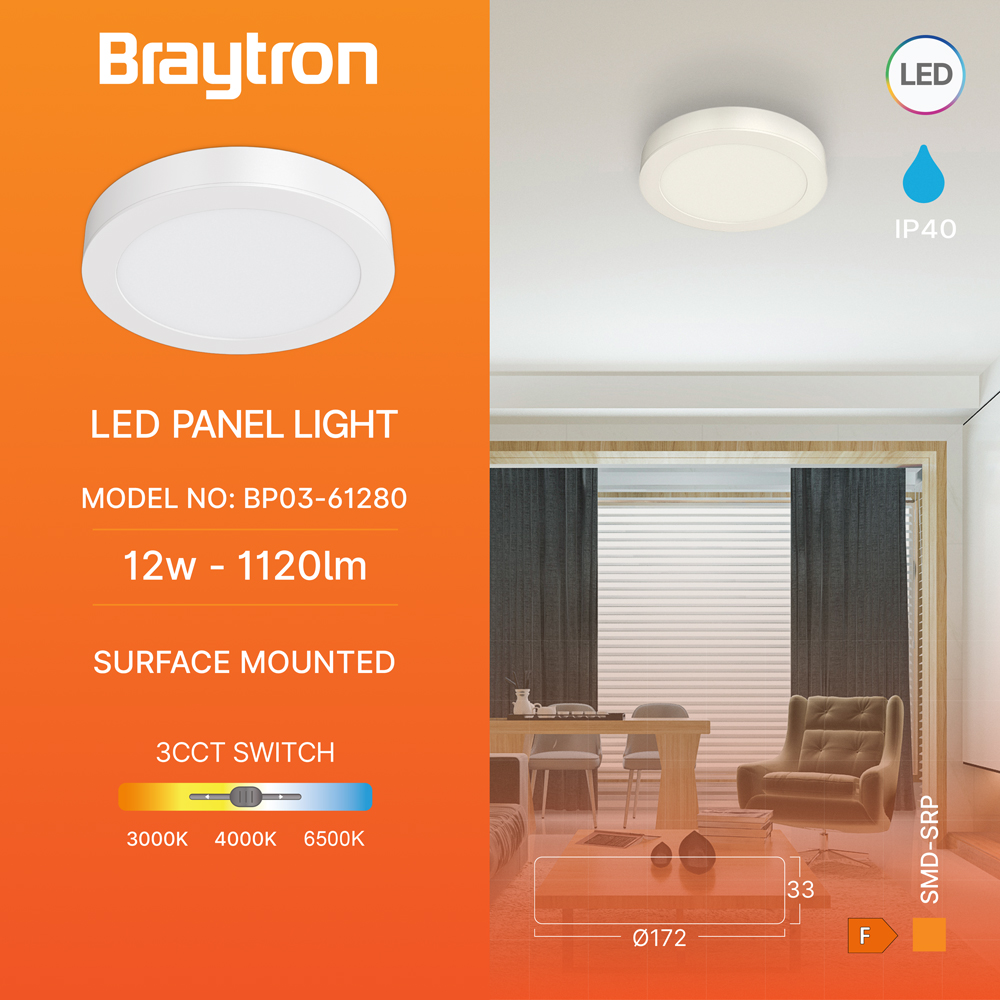 Braytron LED Deckenleuchte 12W 230V Anschluss Warmweiß, Neutralweiß, Kaltweiß 3IN1, 1120 Lumen, IP40 Deckenlampe für Wohnzimmer, Küche, Flur (Weiß) – Ansicht 3