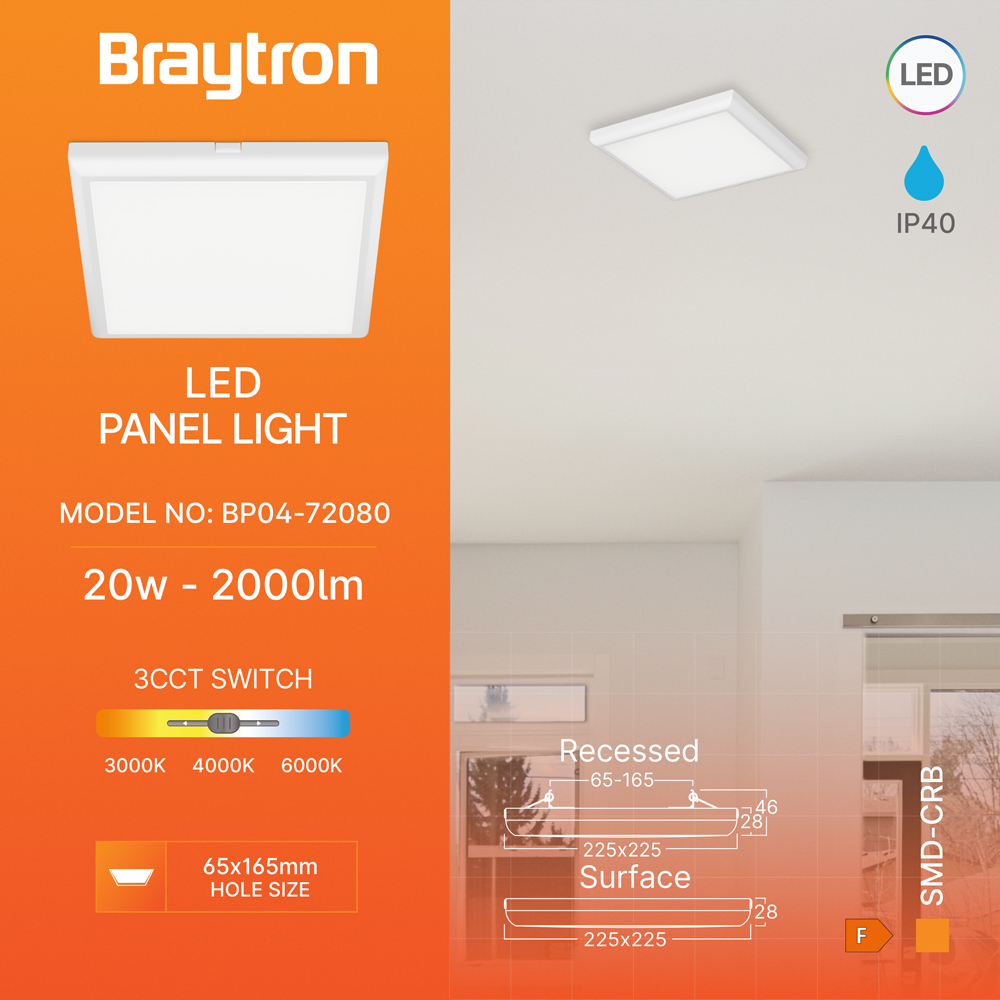 Braytron LED Deckenleuchte 20W 230V Anschluss Warmweiß, Neutralweiß, Kaltweiß 3IN1, 2000 Lumen, IP40 Deckenlampe für Wohnzimmer, Küche, Flur (Weiß) – Ansicht 3