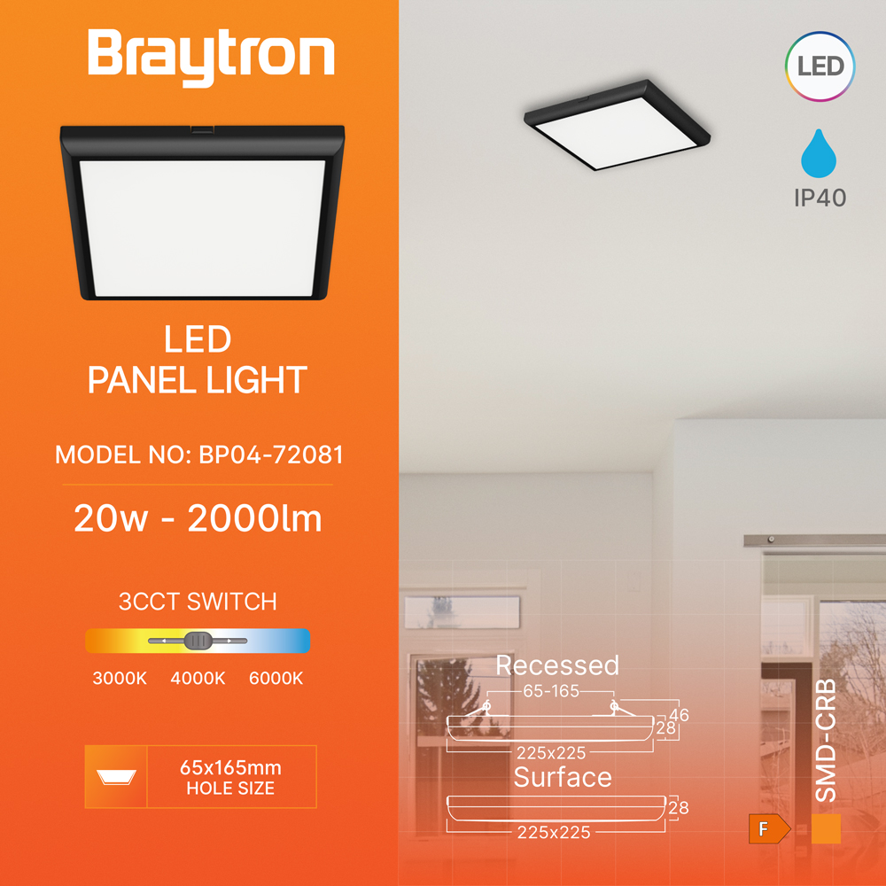 Braytron LED Deckenleuchte 20W 230V Anschluss Warmweiß, Neutralweiß, Kaltweiß 3IN1, 2000 Lumen, IP40 Deckenlampe für Wohnzimmer, Küche, Flur (Schwarz) – Ansicht 3