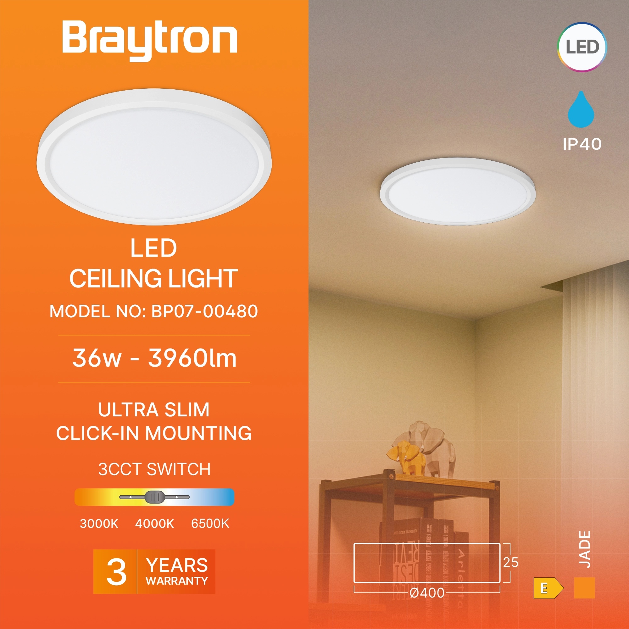 Braytron LED Deckenlampe Panel Ultradünn Flach 400mm X 23mm Rund Deckenleuchte Schlafzimmer Wohnzimmer Kinderzimmer Flur lampe 36W, Einstellbare Farbtemperatur Warmeiß, Neutralweiß, Kaltweiß – Ansicht 3