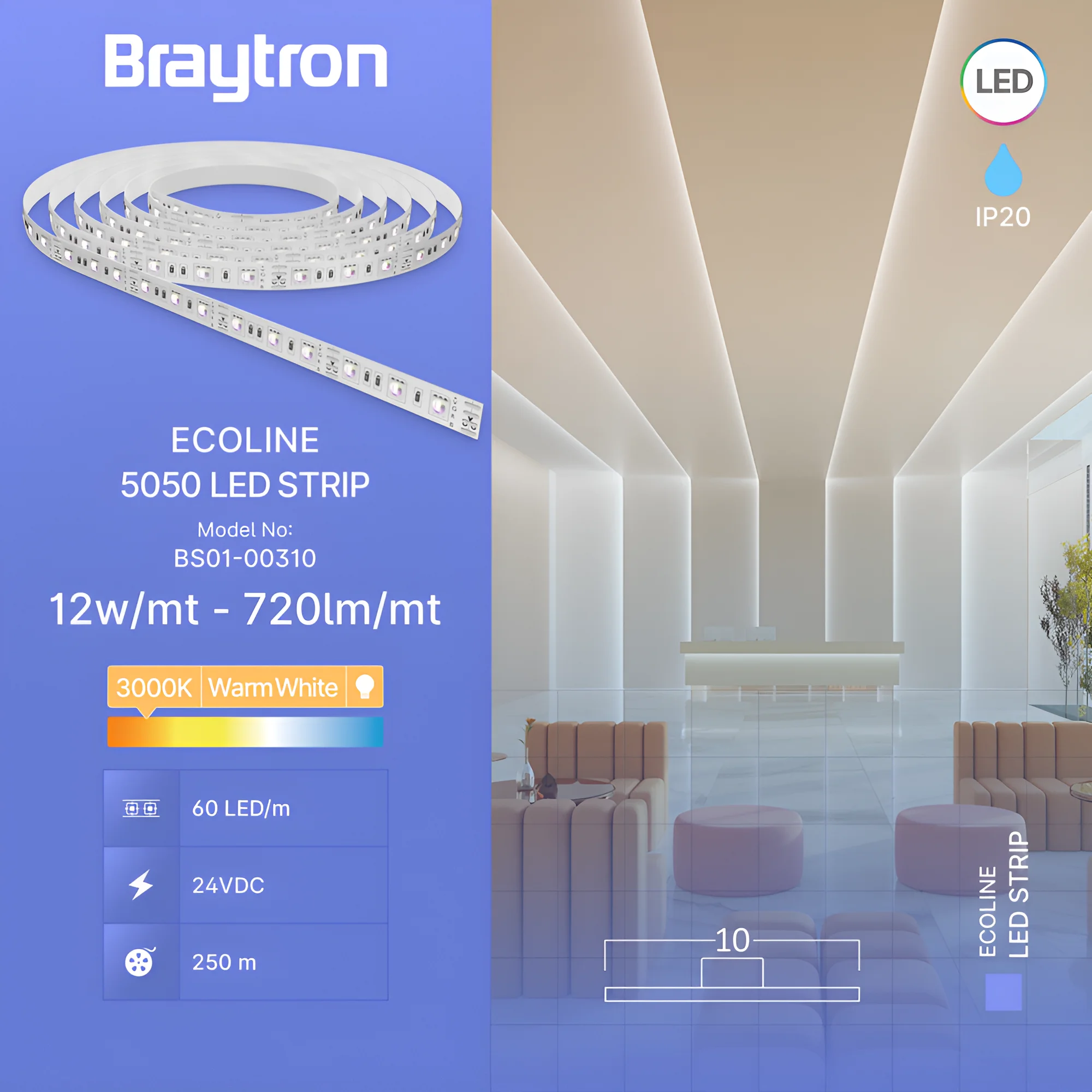 Braytron LED Streifen, Warmweiß 3000K, IP20, flexibel, selbstklebend, LED Strip Band Lichtband – Ansicht 3