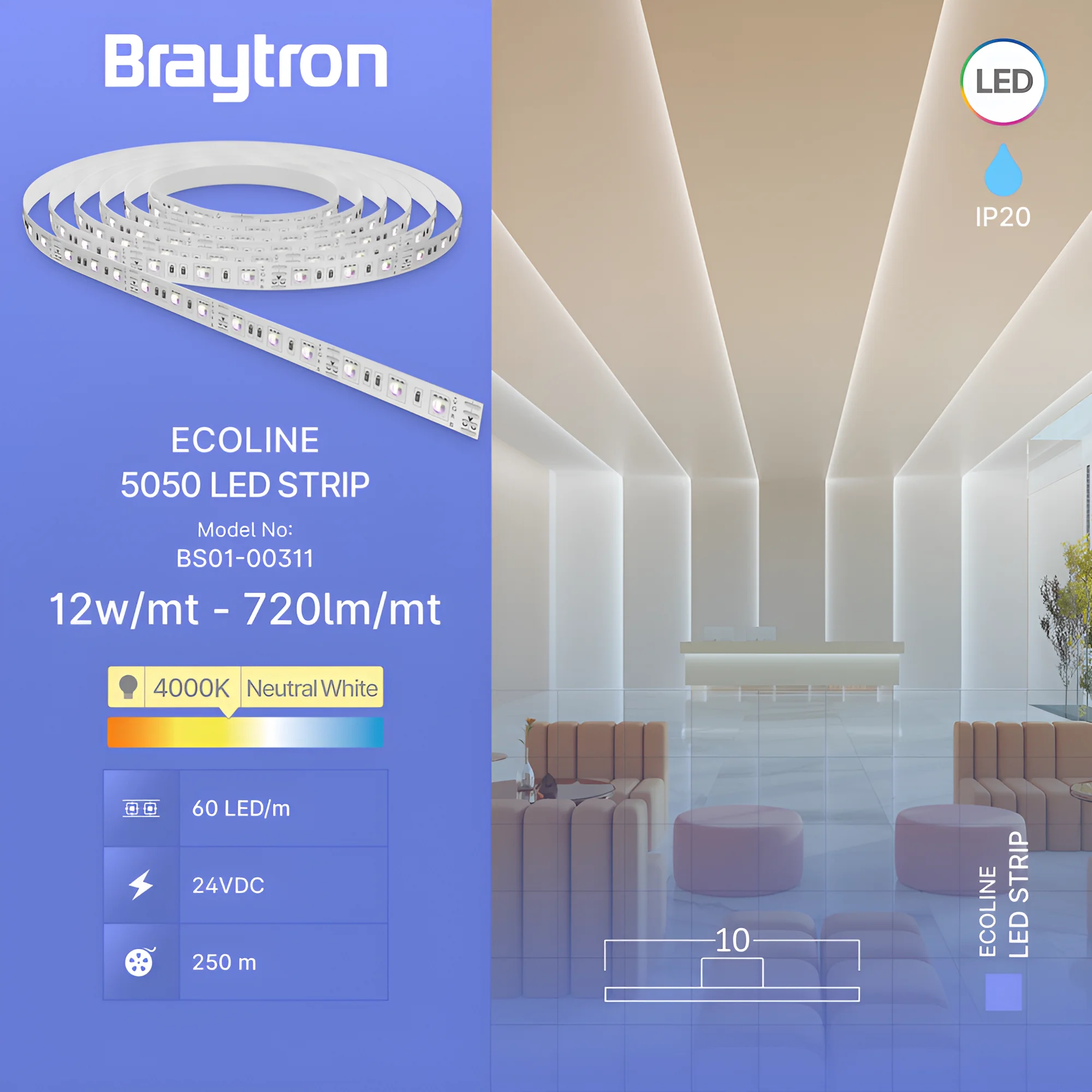 Braytron LED Streifen, Neutralweiß 4000K, IP20, flexibel, selbstklebend, LED Strip Band Lichtband – Ansicht 3