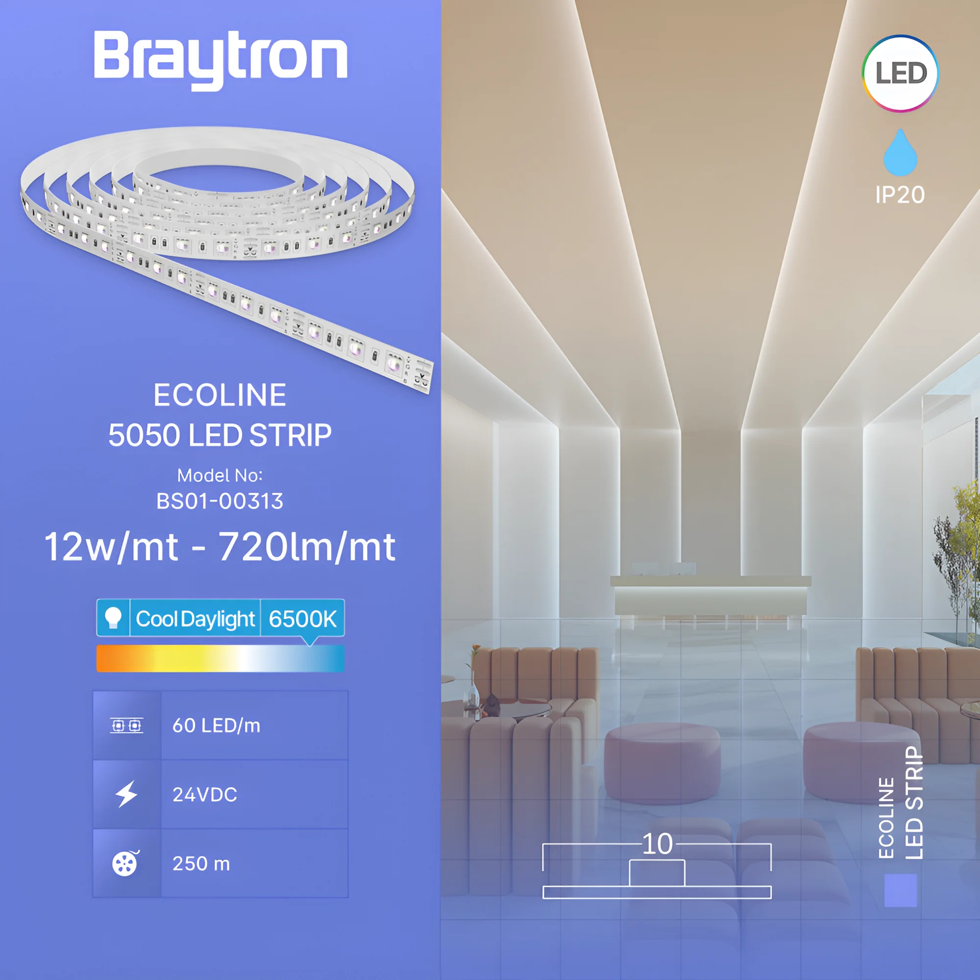 Braytron LED Streifen, Kaltweiß 6500K, IP20, flexibel, selbstklebend, LED Strip Band Lichtband – Ansicht 3