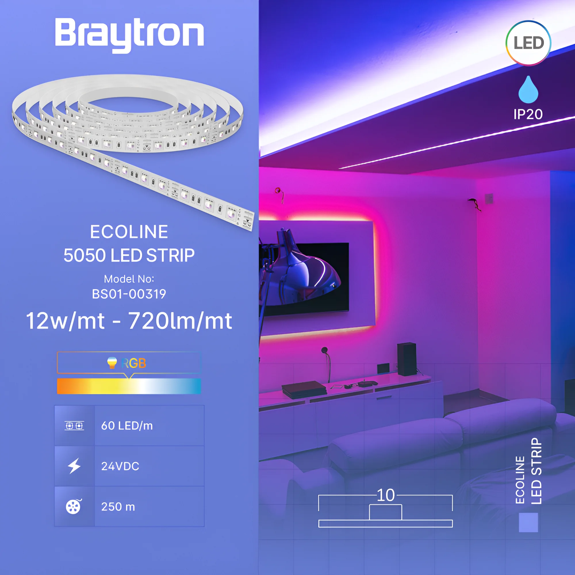 Braytron LED Streifen, IP20, flexibel, selbstklebend, LED Strip Band Lichtband – Ansicht 3