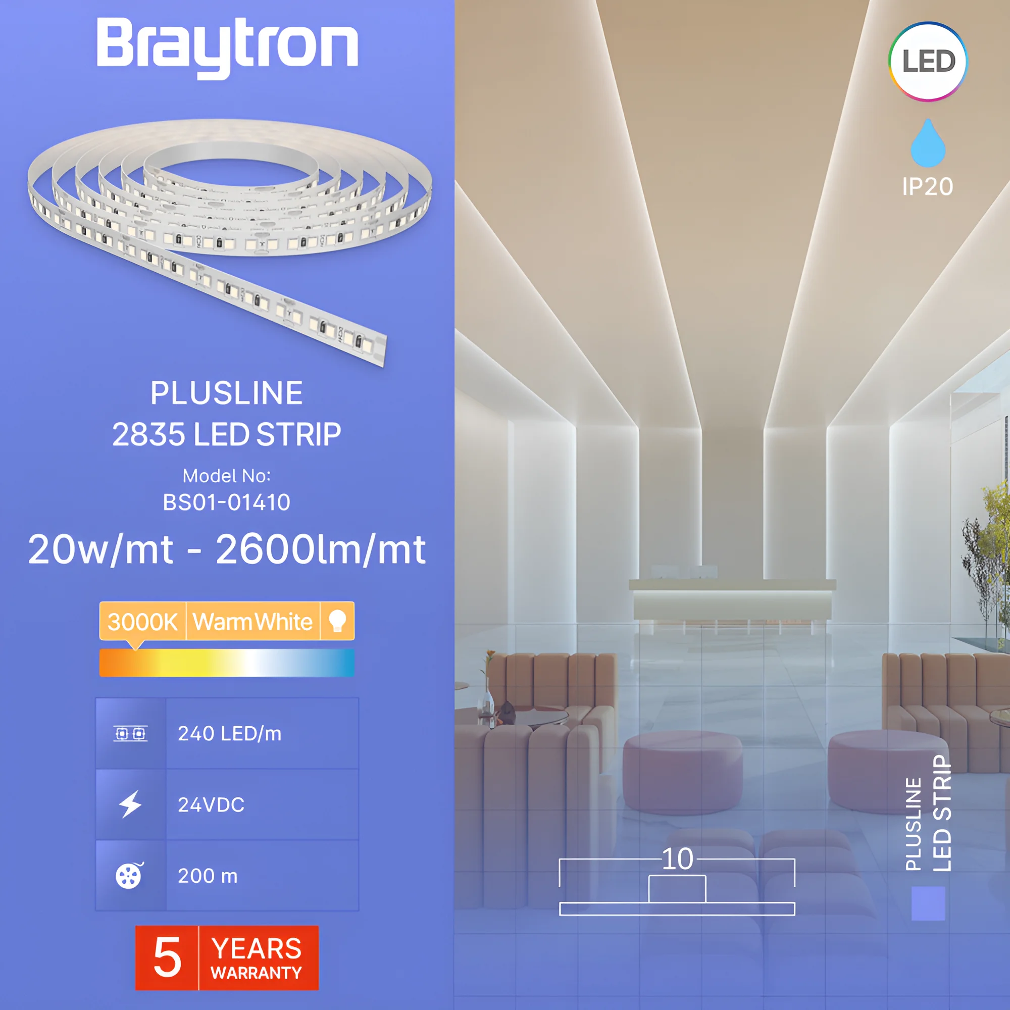 Braytron LED Streifen 10 Meter Rolle 24V –Extrem Hell 20W/m –240 LED/m –2600lm/m –CRI80 –26.000 Lumen – selbstklebend 3M – LED Strip Band IP20 – 3000K Warmweiß – Ansicht 3