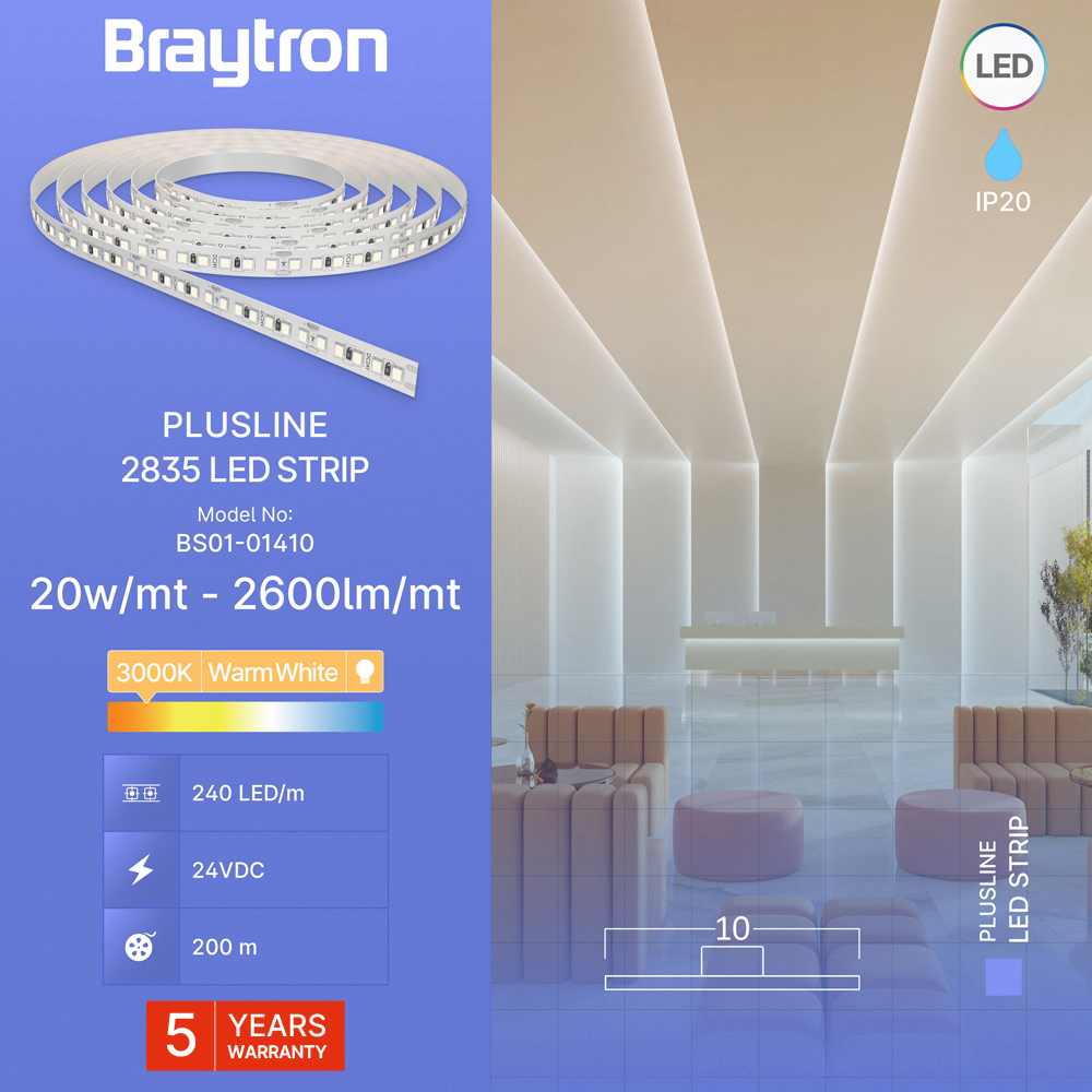 Braytron LED Streifen 5m 24V –Extrem Hell 20W/m –240 LED/m –2600lm/m –CRI80 –13.000 Lumen – selbstklebend 3M – LED Strip Band IP20 – 3000K / 4000K / 6500K ( 5 Jahre Garantie) (Warmweiß 3.000K) – Ansicht 3