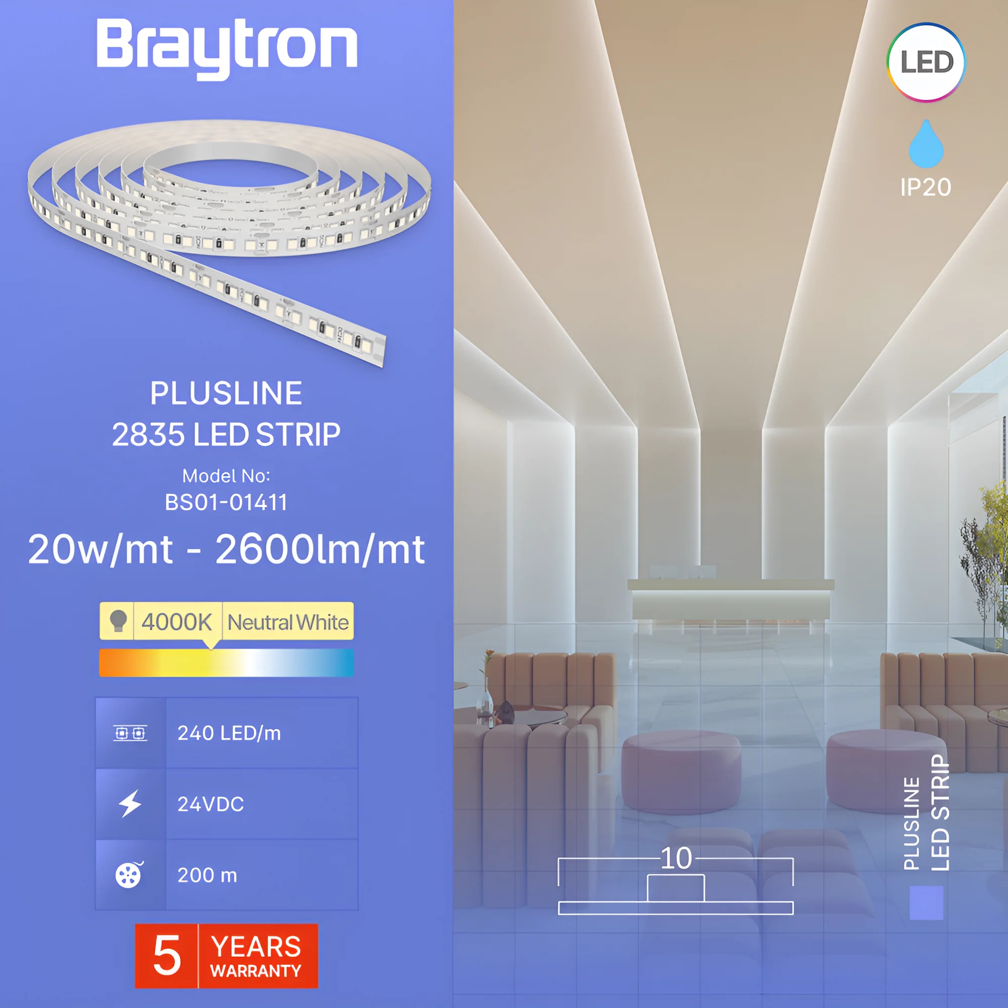 Braytron LED Streifen 10m 24V –Extrem Hell 20W/m –240 LED/m –2600lm/m –CRI80 –13.000 Lumen – selbstklebend 3M – LED Strip Band IP20 – 3000K / 4000K / 6500K (5 Jahre Garantie) (Neutralweiß 4.000K) – Ansicht 3