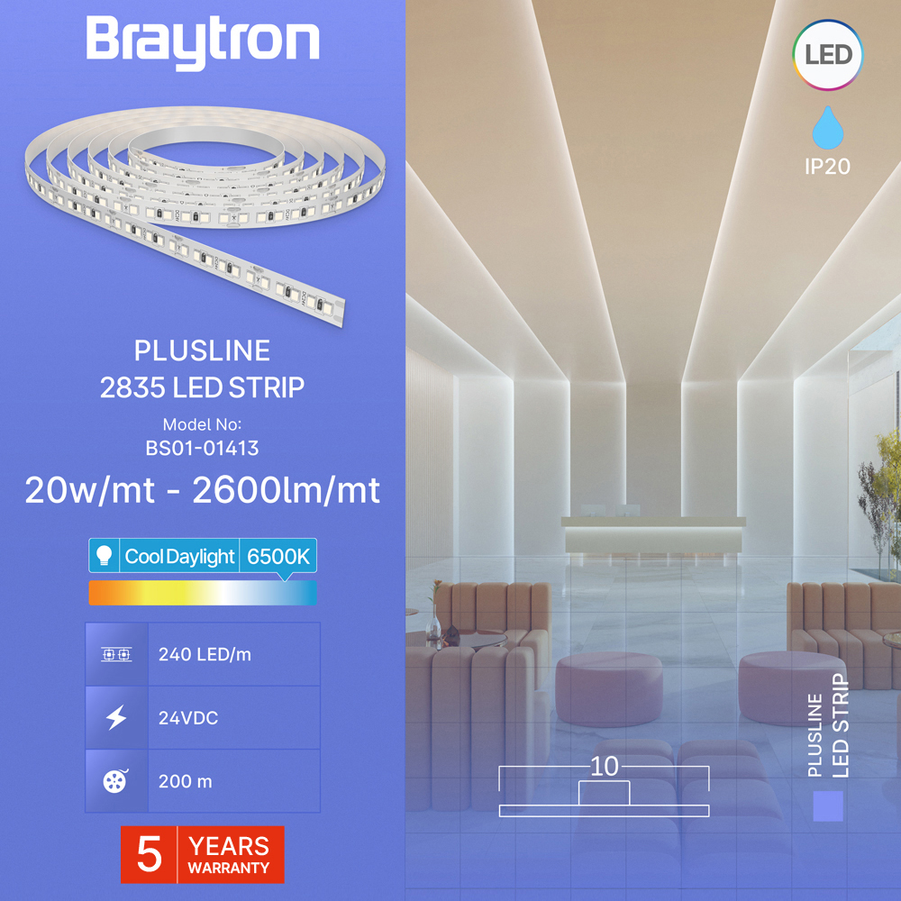 Braytron LED Streifen 5m 24V –Extrem Hell 20W/m –240 LED/m –2600lm/m –CRI80 –13.000 Lumen – selbstklebend 3M – LED Strip Band IP20 – 3000K / 4000K / 6500K ( 5 Jahre Garantie) (Kaltweiß 6.500K) – Ansicht 3