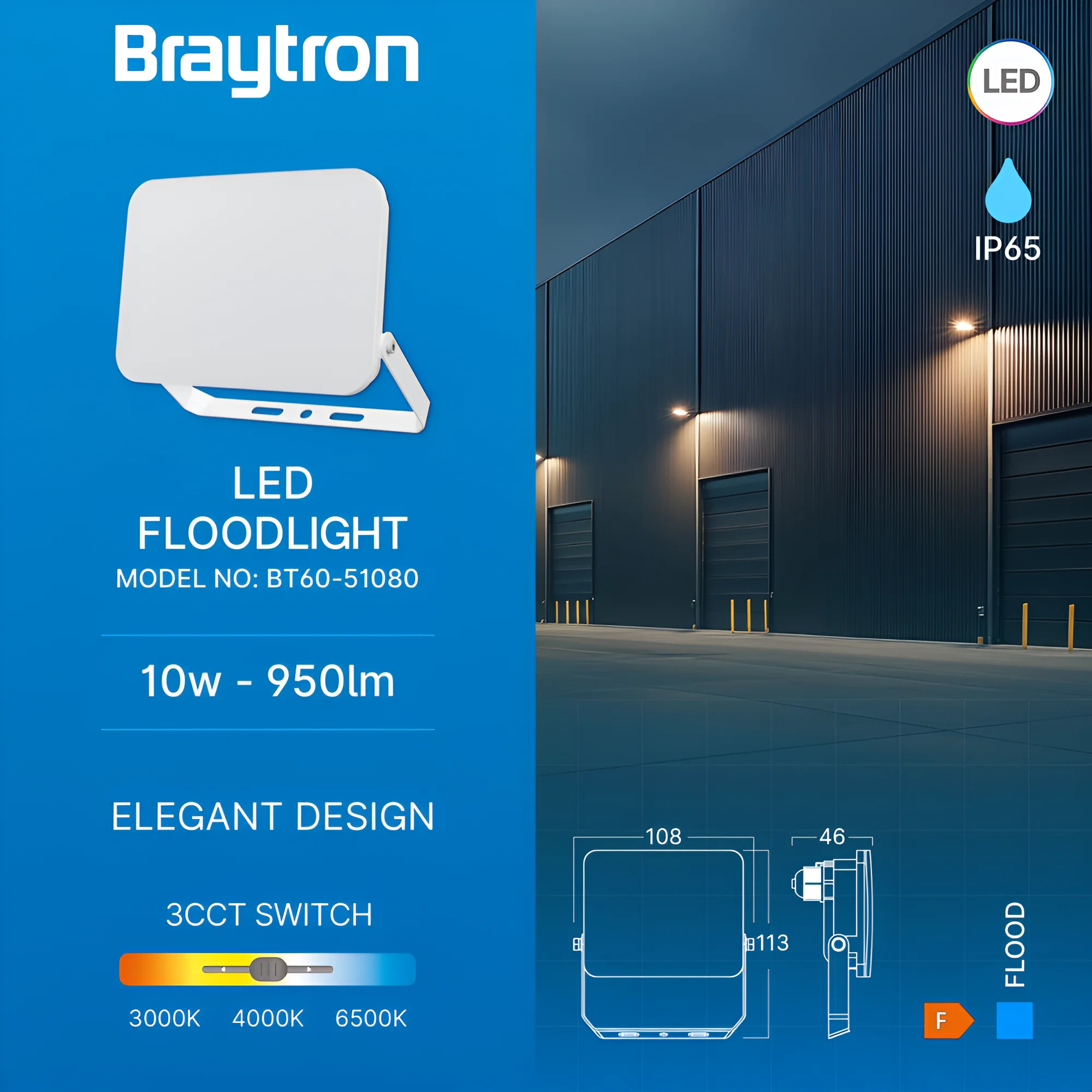 Braytron LED Flutlichtstrahler 10W, IP65, 3CCT, gleichmäßiges Licht ohne sichtbare LEDs, Außenstrahler für Balkon, Eingang und kleine Flächen – Ansicht 3