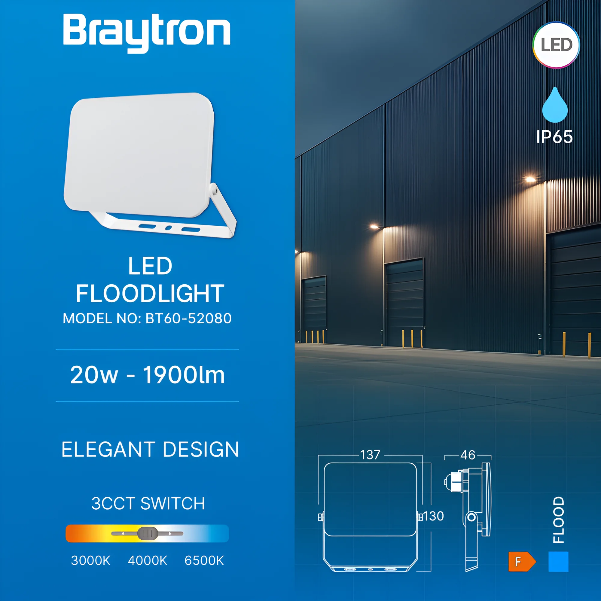 Braytron LED Flutlichtstrahler 20W, 1900 Lumen, IP65, 3CCT, gleichmäßiges Licht ohne sichtbare LEDs, Außenstrahler für Garten und Hof – Ansicht 3