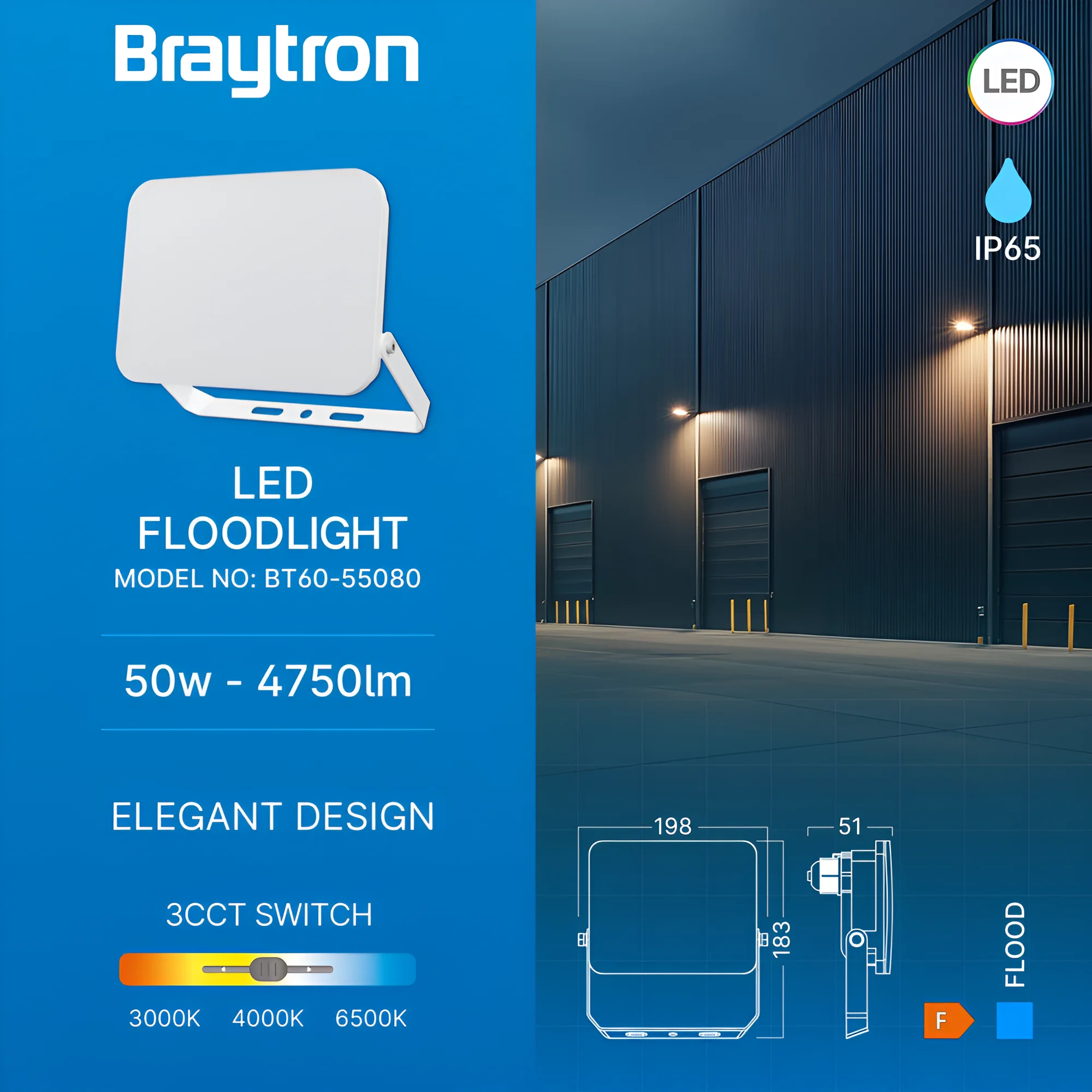 Braytron LED Flutlichtstrahler 50W, IP65, 3CCT, gleichmäßiges Licht ohne sichtbare LEDs, Außenstrahler für Hof, Parkplatz und große Flächen – Ansicht 3