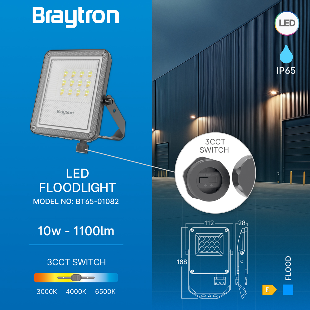 Braytron LED Flutlicht Außen IP65 – LED Strahler mit 3CCT Farbwahl 3000K/4000K/6500K – Aluminium Außenstrahler 90° – Garten, Hof & Baustrahler – 10W - 300W (10, Watt) – Ansicht 3