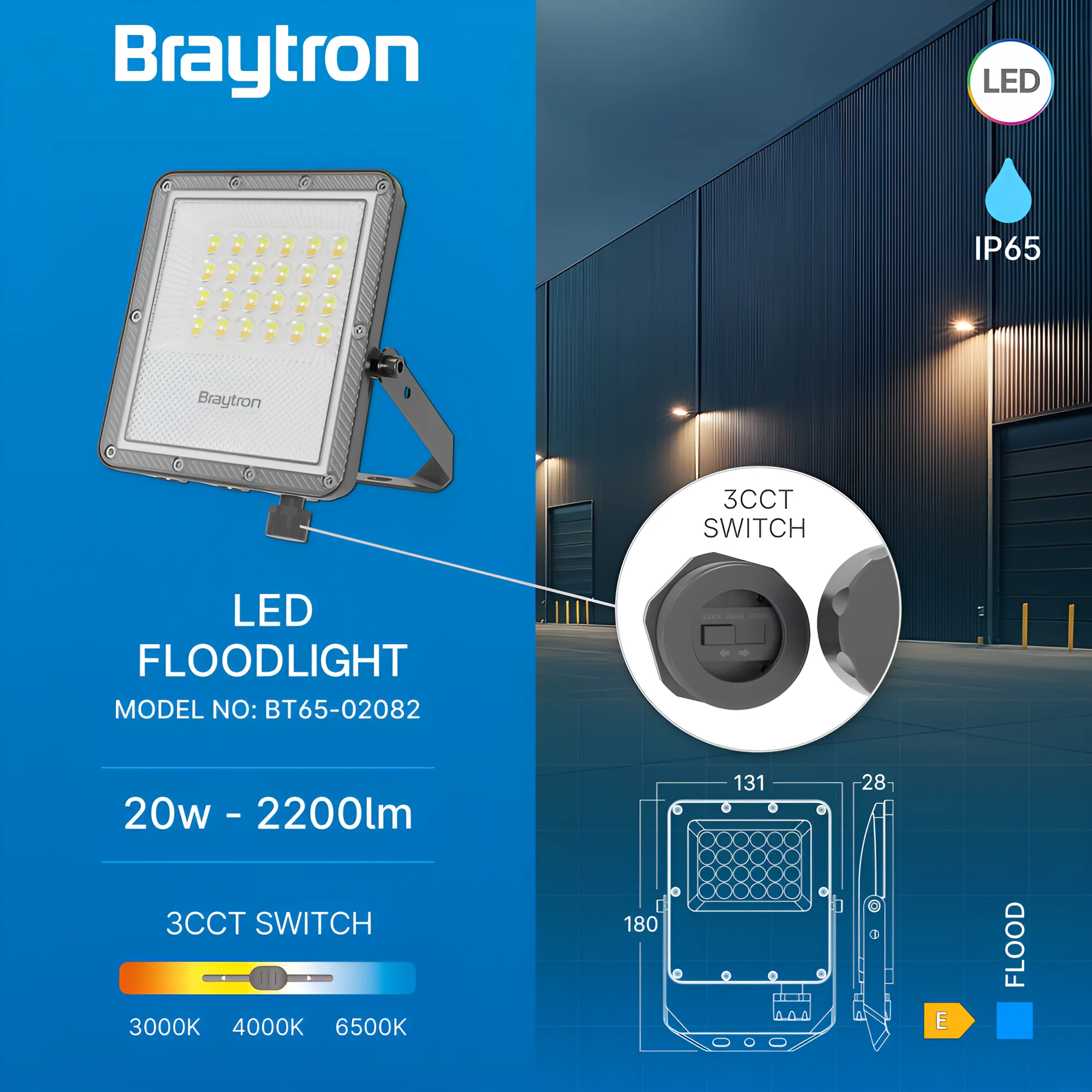 Braytron 20W LED Strahler Außen IP65 – Superhell 2200LM Flutlicht mit Farbwahl 3000K/4000K/6500K, wasserdichter Aluminium Außenstrahler für Garten, Hof, Garage – Ansicht 3