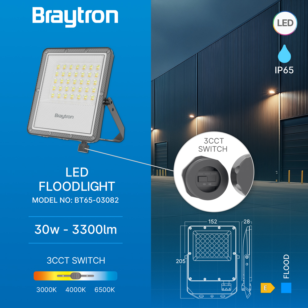 Braytron 30W LED Strahler Außen IP65 – Superhell 3300LM Flutlicht mit Farbwahl 3000K/4000K/6500K, wasserdichter Aluminium Außenstrahler für Garten, Hof, Garage, Einfahrt – Ansicht 3