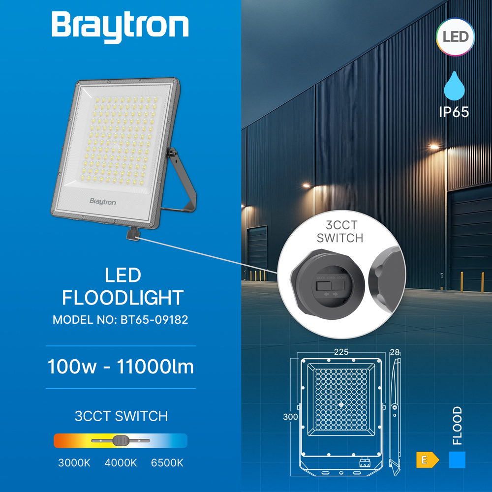 Braytron LED Flutlicht Außen IP65 – LED Strahler mit 3CCT Farbwahl 3000K/4000K/6500K – Aluminium Außenstrahler 90° – Garten, Hof & Baustrahler – 10W - 300W (100, Watt) – Ansicht 3