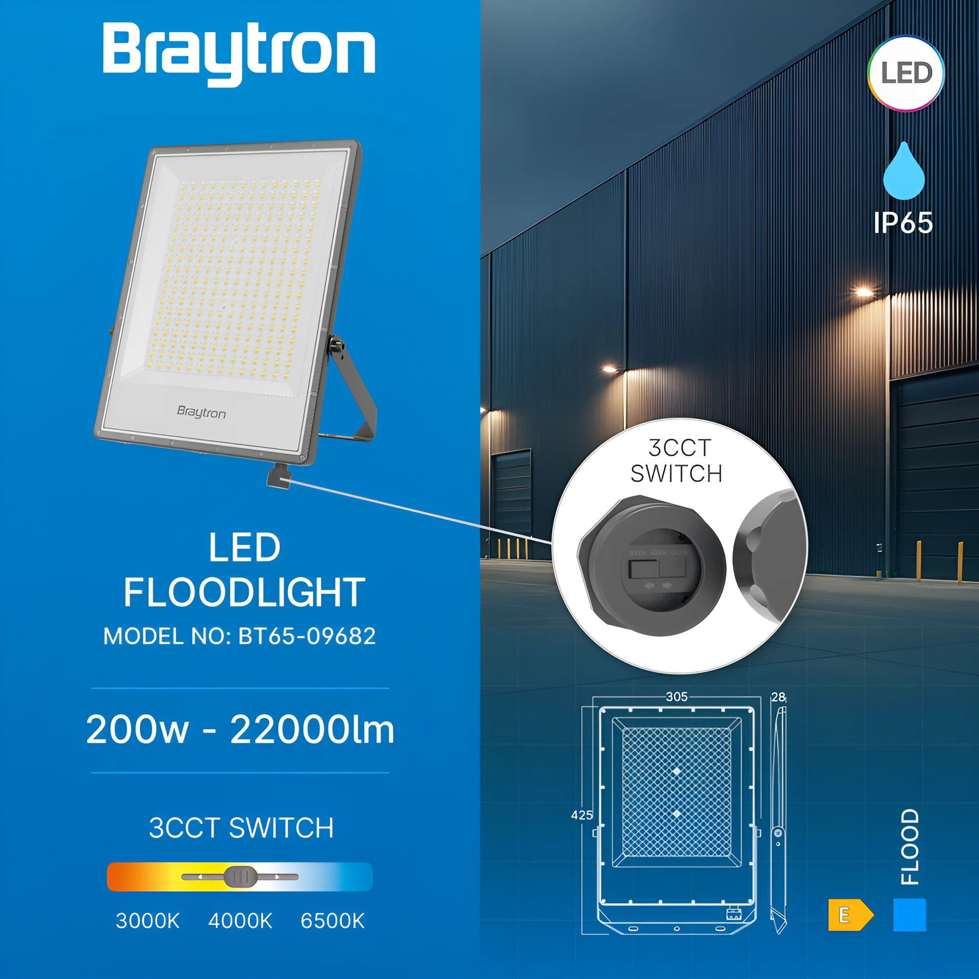 Braytron 200W LED Strahler Außen IP65 – Superhell 22000LM Flutlicht mit Farbwahl 3000K/4000K/6500K, wasserdichter Aluminium LED Fluter 90°, Außenstrahler für Garten, Hof, Garage, Baustelle – Ansicht 3