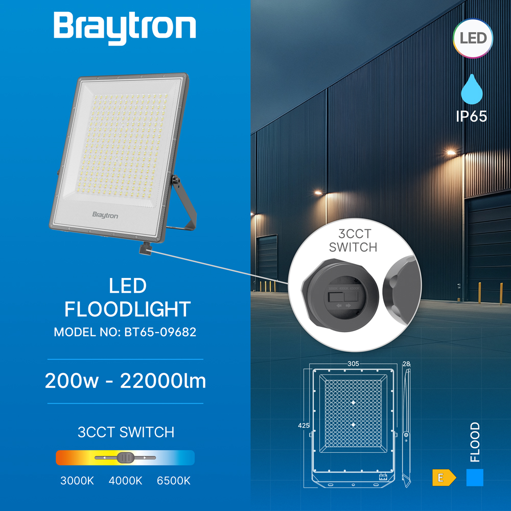 Braytron 200W LED Strahler Außen IP65 – Superhell 22000LM Flutlicht mit Farbwahl 3000K/4000K/6500K, wasserdichter Aluminium LED Fluter 90°, Außenstrahler für Garten, Hof, Garage, Baustelle – Ansicht 3