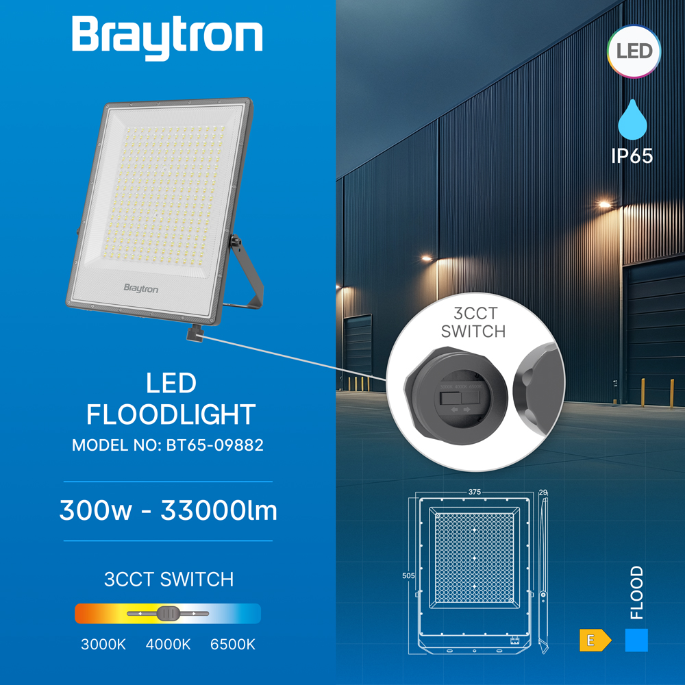 Braytron LED Strahler Außen 300W, 33000 Lumen, 3IN1 3IN1, IP65 wasserdicht, Fluter Flutlicht Außenstrahler (Grau) – Ansicht 3