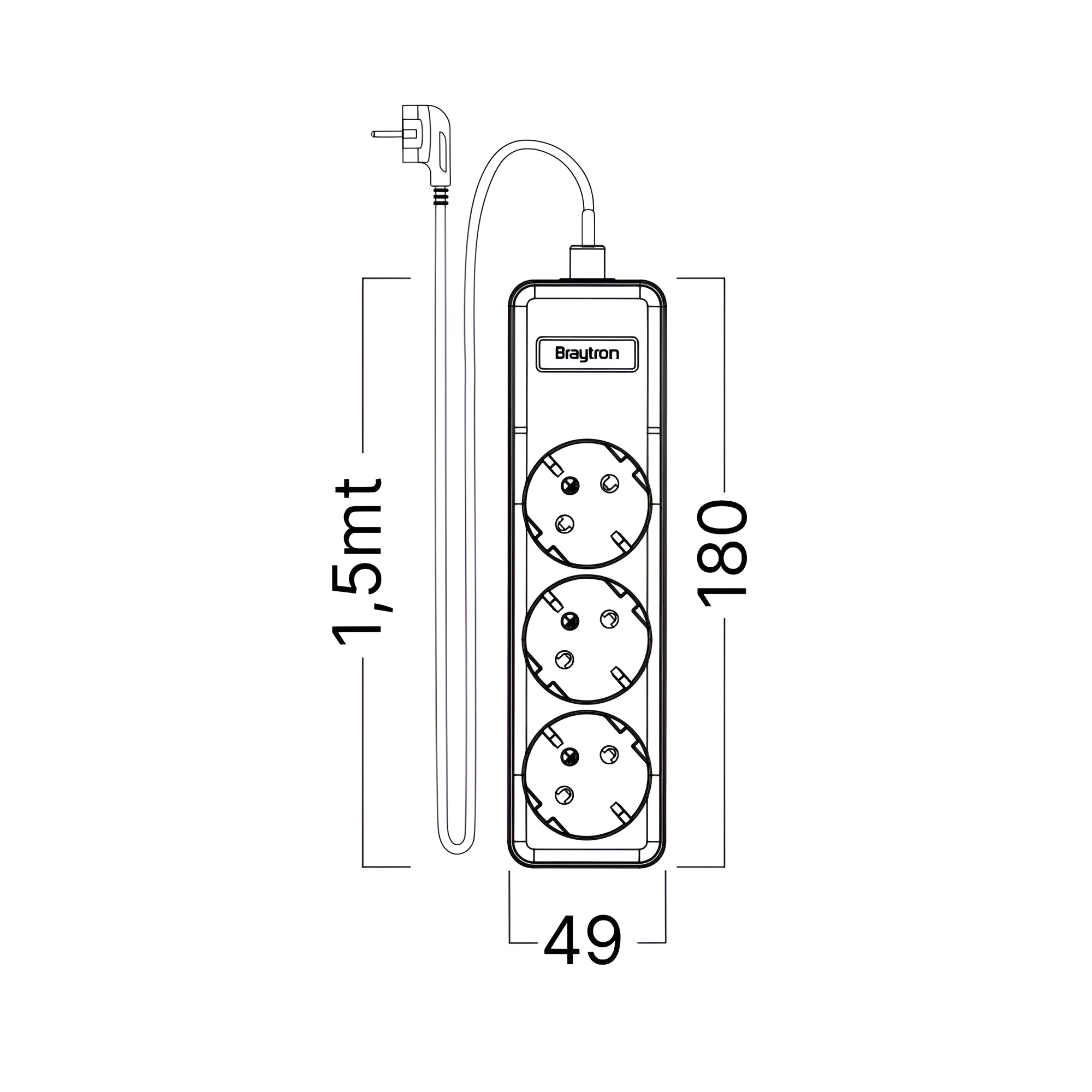 Braytron Mehrfachsteckdose 3-Fach mit 1,5 m Kabel, ohne Schalter, 3680W, Kindersicherung, Steckdosenleiste mit Clip-System – Ansicht 7