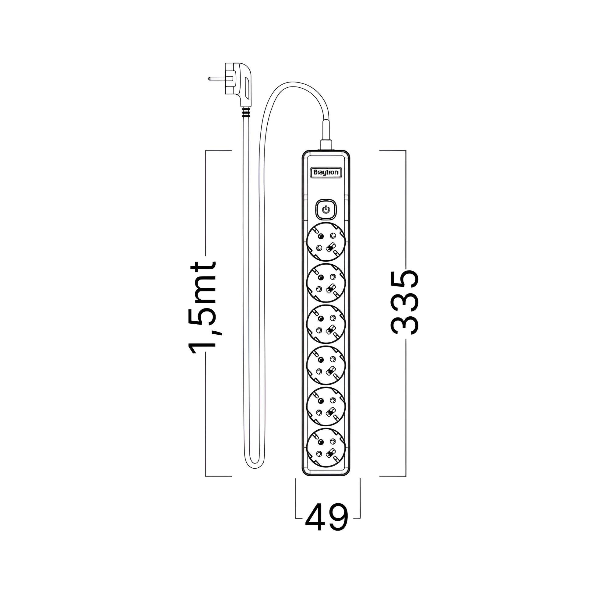 Braytron Mehrfachsteckdose 6-Fach mit 1,5 m Kabel und beleuchtetem EIN-/Ausschalter, 3680W, Kindersicherung, Steckdosenleiste mit Clip-System – Ansicht 7